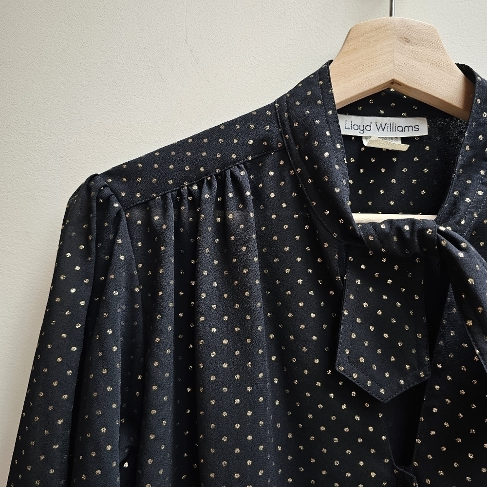Vintage Lloyd Williams Sheer Black Blouse with Gold Swiss Dot Pattern Size Mediu